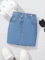 SHEIN Girls' (Little) Elastic Water Washed Casual Fashionable Denim Skirt With Slanted Placket