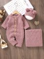 Baby Girl Solid Button Front Knit Jumpsuit & Hat