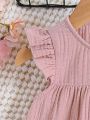 SHEIN Baby Girl Casual Solid Color Short Sleeve Doll Dress With Ruffled Hem