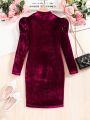 SHEIN Kids CHARMNG Tween Girl Pearls Beaded Gigot Sleeve Mock Neck Velvet Bodycon Dress