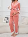 Maternity Contrast Lace Belted Velvet Robe & Pants PJ Set