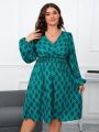 SHEIN Clasi Plus Size Geometric Printed V-neck Lantern Sleeve Dress