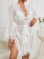 Lace Splicing Women's Robe With Waist Belt