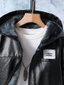 SHEIN Kids EVRYDAY Tween Boy Letter Patched Detail Teddy Lined Hooded PU Leather Jacket Without Tee