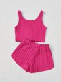 SHEIN Kids EVRYDAY Little Girls' Solid Color Sleeveless Vest Top And Shorts Set With Letter Patch Decoration