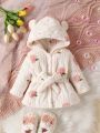 Baby Girl Peach Embroidery 3D Ears Design Hooded Belted Coat