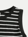 SHEIN Big Girls' Fashionable Street Style Knitted Striped Sleeveless Vest For Sports