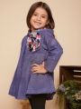 Little Girls' Purple Hooded Pleated Denim Jacket And Coat