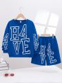 SHEIN Kids EVRYDAY Boys' Casual Letter Print Round Neck Pullover Long Sleeve Top And Shorts Knitwear Set