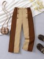 SHEIN Kids EVRYDAY Young Girl Two Tone Double Button Straight Leg Pants