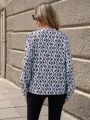 SHEIN Clasi All-Over Printed Notched Neck Long Sleeve Blouse