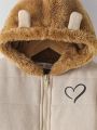 SHEIN Baby Girls' Casual Heart Print Fleece Hooded Jacket With 3d Ear Design