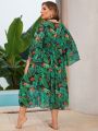 SHEIN Swim Vcay Plus Size Women's Botanical Print Obi Belted Kimono Dress