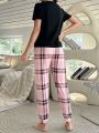 Women'S Letter Print Short Sleeve Plaid Pants Pajama Set