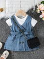 Infant Girls' Fashionable Casual Short Sleeve Ribbed T-Shirt And Denim Dress With Metal Buckle Waistband And Pocket Decoration For Spring/Summer