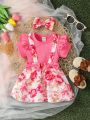 Baby Girl'S Ruffle Trim Ribbed T-Shirt And Floral Printed Overall Skirt Set