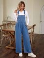 Adjustable Strap Denim Bib Overalls With Slanted Pocket