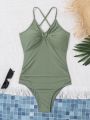 SHEIN Teen Girl Knitted Solid Color Crisscross Straps Casual One-Piece Swimsuit