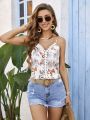 SHEIN VCAY Women's Floral Printed Patchwork Lace Spaghetti Strap Top For Holiday