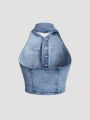 Teen Girls' Fashionable Backless Stretchy Slim Fit Denim Top