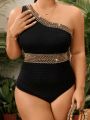 SHEIN Swim Vcay Plus Size Women's One Shoulder Spliced Woven Tape One-Piece Swimsuit