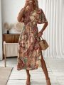 Full Printed Bell Sleeve A-Line Panel Dress