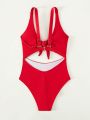 SHEIN Swim Basics Knot Front Cut-out One Piece Swimsuit