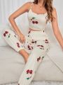 Women's Cherry Printed Camisole Top And Pants Pajama Set