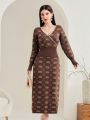 SHEIN Modely Women's Full Printed V-neck Gathered Waist Knitted Dress