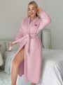 Woman's Plush Robe With Belt And Heart Embroidery