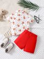 SHEIN 2pcs/Set Baby Boys' Casual Cute Bear Pattern Printed Short Sleeve Shirt And Shorts Spring/Summer Outfits