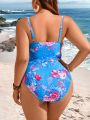 SHEIN Swim Curve Summer Beach Plus Size Floral Printed One-Piece Swimsuit With Pleated Details