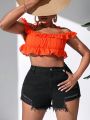 SHEIN VCAY Plus Size Irregular Cutout Ripped Denim Shorts In Tight Fitting College Style