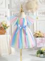 SHEIN Kids FANZEY Young Girls' Summer New Arrival Chiffon Multicolor Gradient Pleated Dress