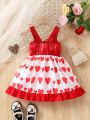 Baby Girls' Heart Print Dress With Bow Decoration