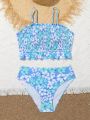 Teen Girls' Shirred Flower Print Halter Neck Bikini Top And Bottom Tankini Swimsuit