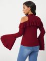 SHEIN Lady Hollow Out Shoulder Bell Sleeve T-Shirt