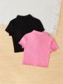 SHEIN Kids EVRYDAY Tween Girls' Knitted Solid Color Slim Fit Casual Polo T-Shirt 2pcs Set