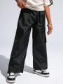 SHEIN Tween Boys' Casual Streetstyle Patchwork Belt, 3d Pockets, Straight Wide-Leg Woven Pants