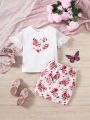 SHEIN Kids QTFun Little Girls' Floral & Heart Pattern Mesh Panel T-Shirt And Skirt Set