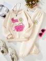 SHEIN Kids Cooltwn Girls' Cartoon Letter Print Fleece Sweatshirt And Sweatpants Set