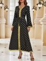 Women's Gold Foil Polka Dot Patchwork Tape Long Sleeve Dress