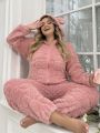 Plus Size Women's Love Embossed Cartoon Animal Ears Design Plush Pajama Jumpsuit