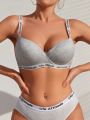 Women's Letter Jacquard Strap Bra With Non-Removable Molded Cups