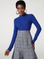 blue chic Mock Neck Rib-Knit Tee