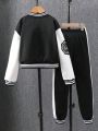 Tween Girl Letter Graphic Striped Trim Varsity Jacket & Sweatpants