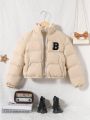 SHEIN Tween Girl Letter Patched Slant Pockets Puffer Coat Without Sweater