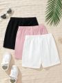 SHEIN Kids EVRYDAY Tween Girls' Knitted Solid Color Slim Fit Casual Shorts Set For Spring & Summer (3pcs)