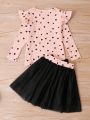 Toddler Girls Heart Print Tee & Mesh Skirt