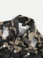 SHEIN Boys Casual Loose Irregular Cut Camouflage Denim Jacket